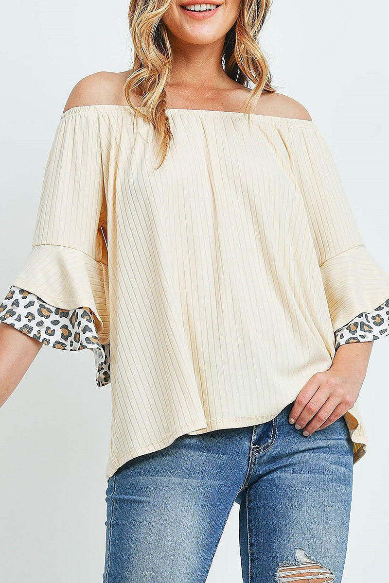 Off shoulder brushed rib bell leopard sleeves top (ED9767)