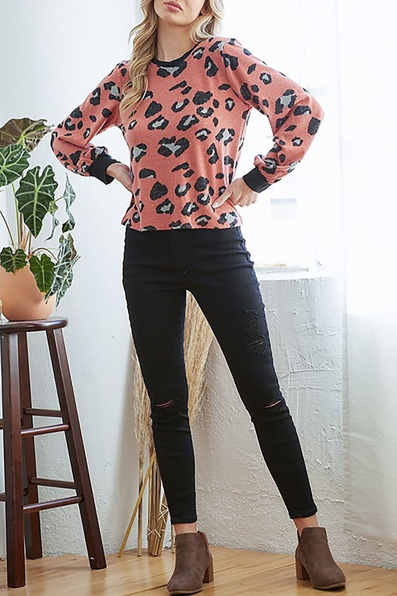 Solid band long sleeve leopard top (EF4965)