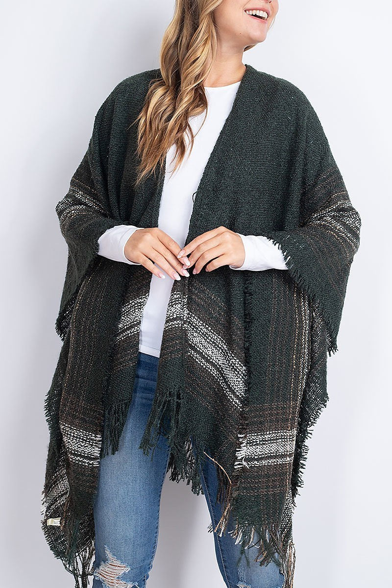 Multi plaid fringe kimono wrap (DGS5412)