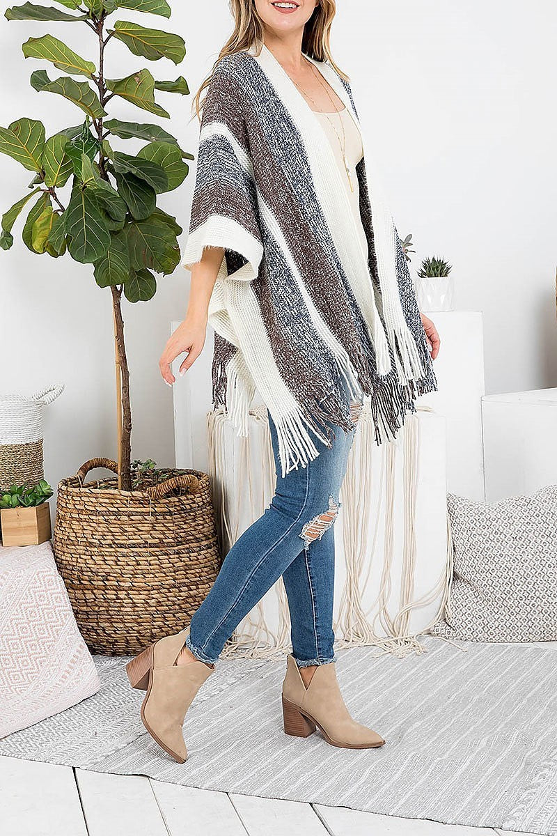 Knit stripe fringe ruana kimono (DGS5421)