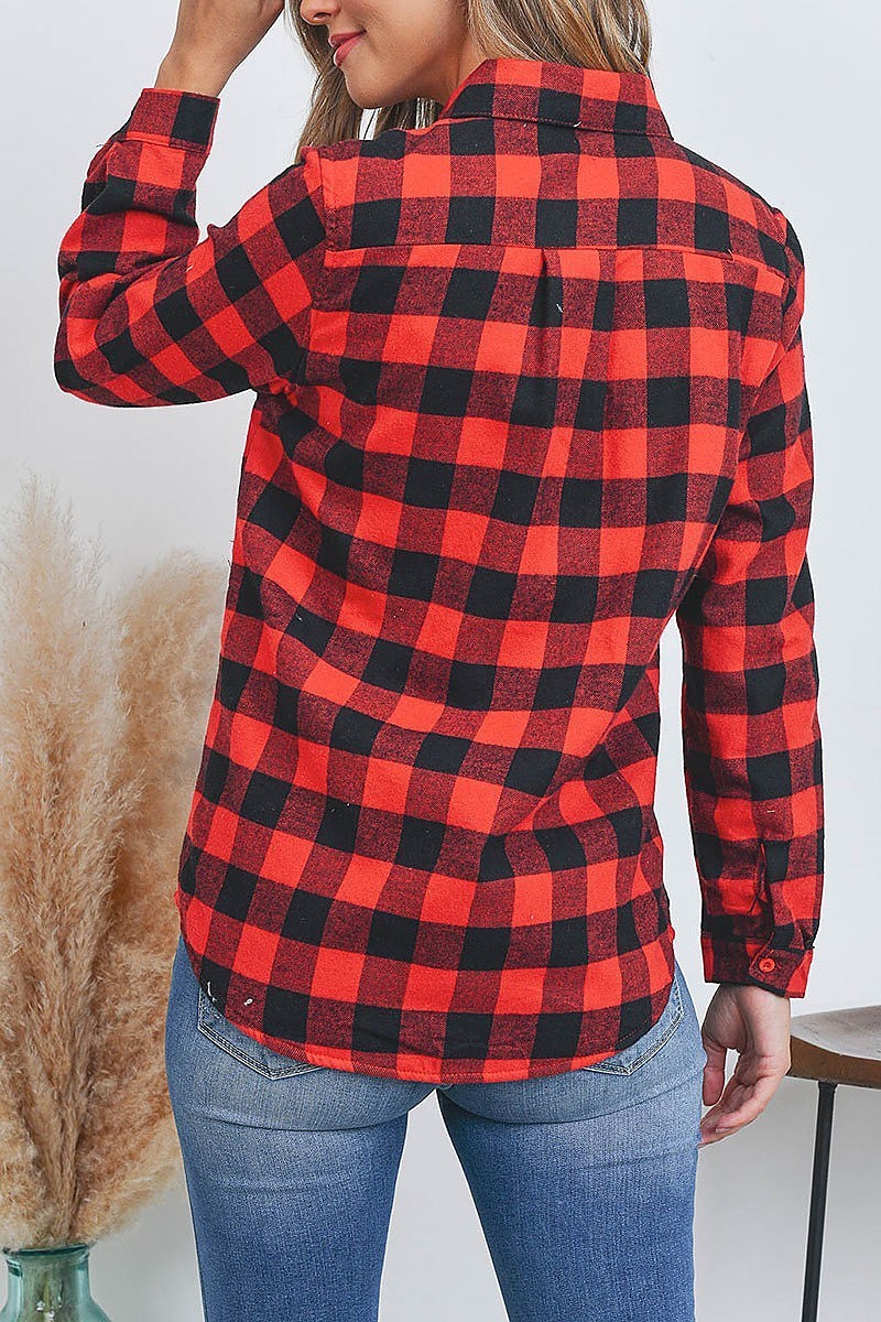 Sherpa fleece lined plaid flannel shirt top (EF2364)