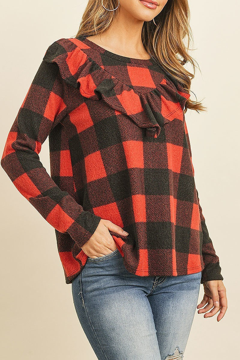 V shaped brushed plaid ruffle detail long sleeve top (ED8231)