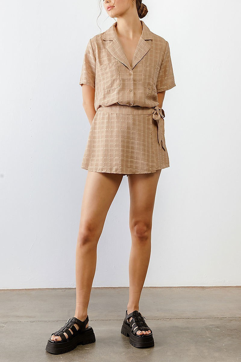 Button up pocket detail plaid top and skort set (TED1765)