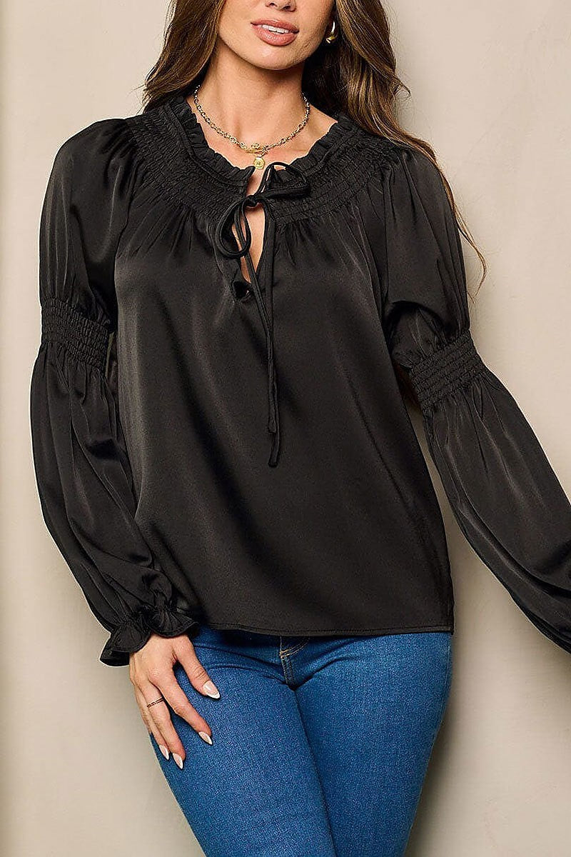 Long smock sleeve neck tie blouse top (EFWT4490)