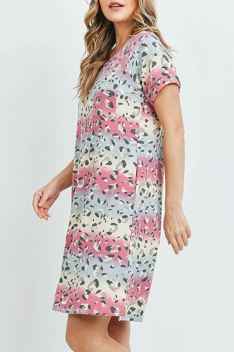 Leopard short sleeves pocket dress with side slit (DED6187)