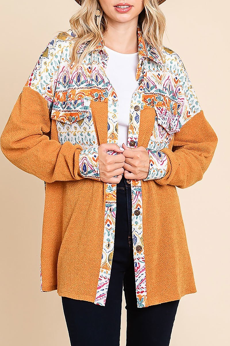 Aztec printed color block shirt jacket (EDH1591)