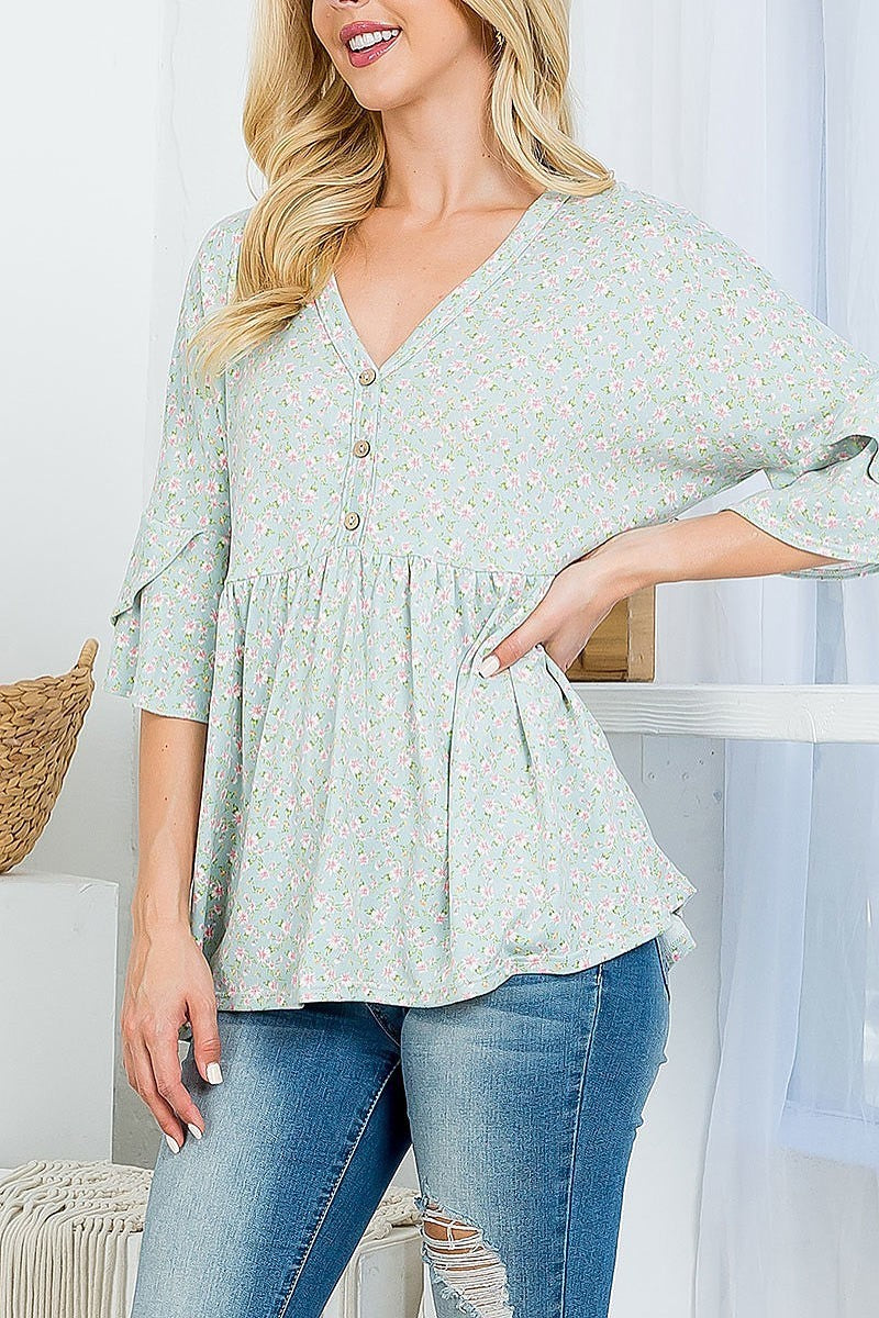 V neck floral print ruffle sleeve top (EF4455)