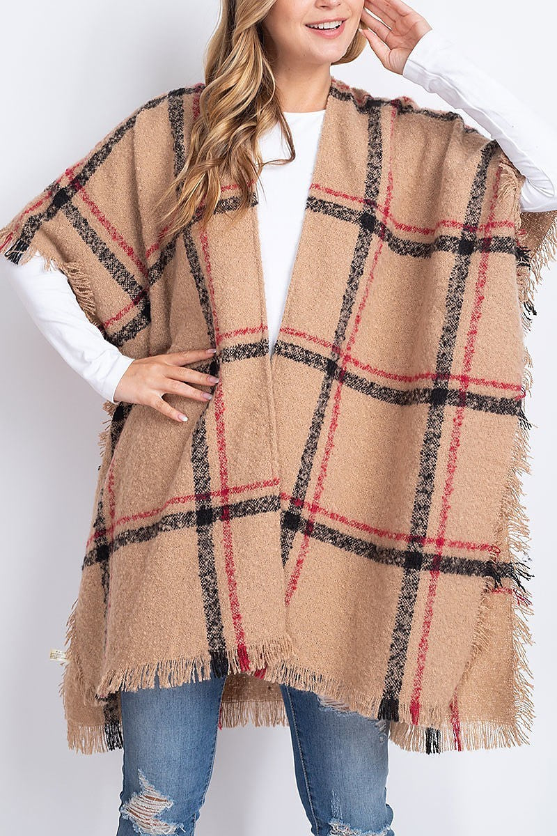 Plaid open front fringe kimono (DGS5411)