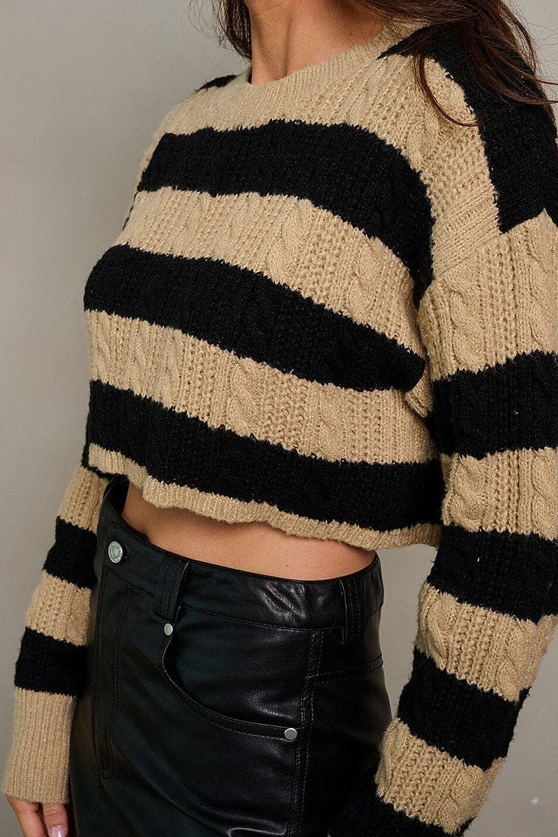 Long sleeve knitted colorblock crop top (EGWT2656)