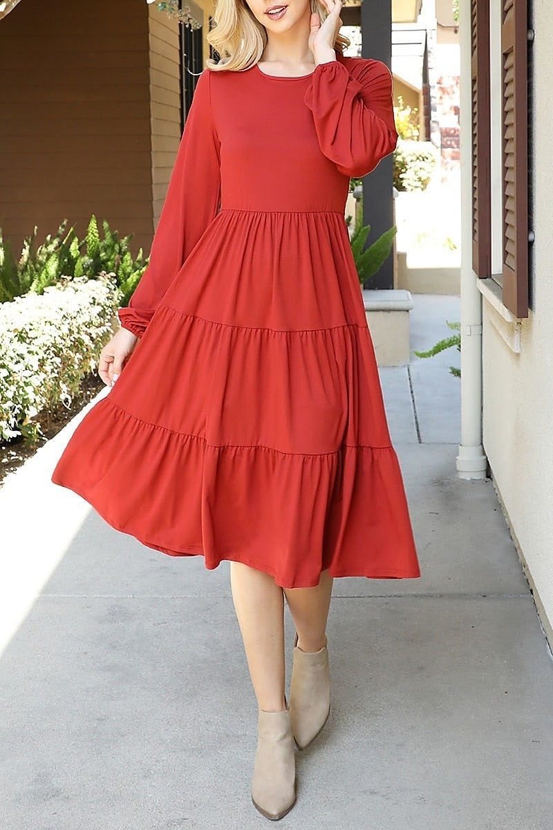 Solid long sleeve elastic waist tiered dress (DED8893-1)