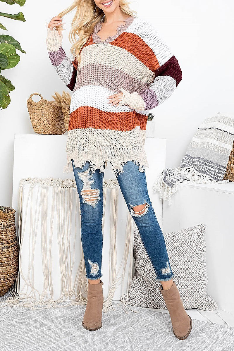 Distressed detail color block sweater (DGS5366-2)