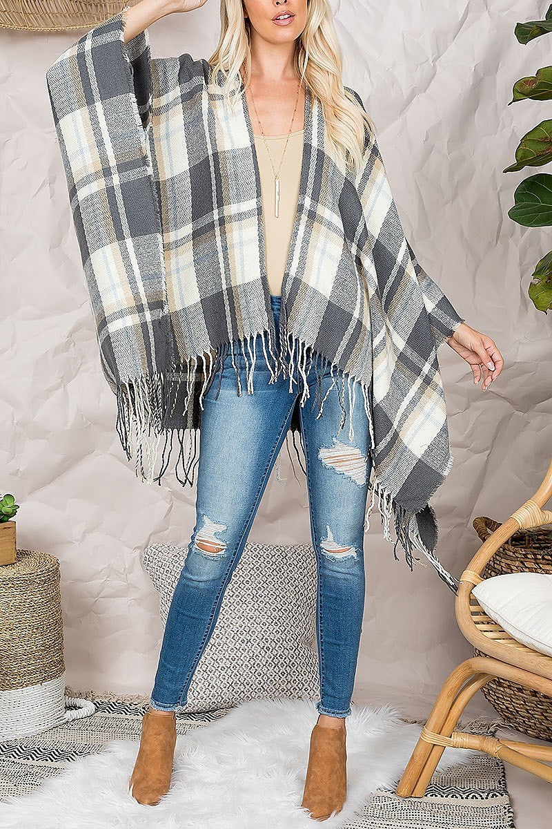 Plaid open front fringe ruana kimono (DGS5555)