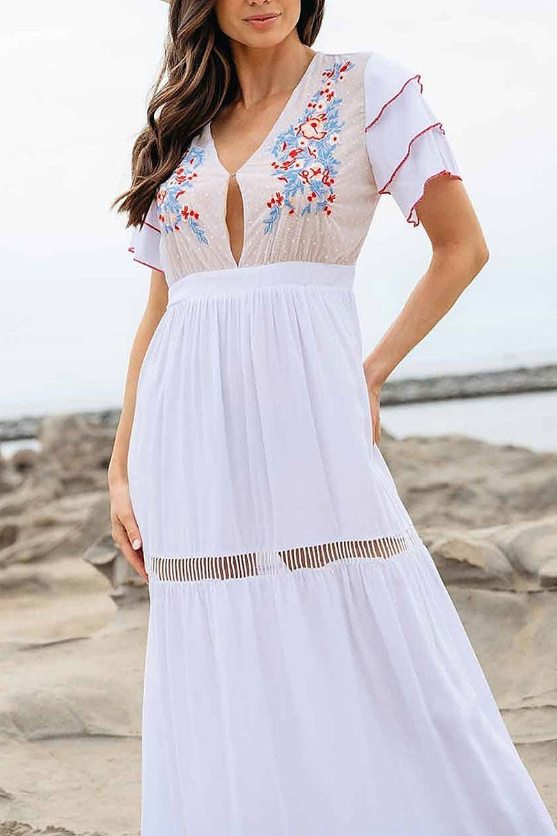 Short ruffle sleeve embroidery maxi dress (EGWT1183)