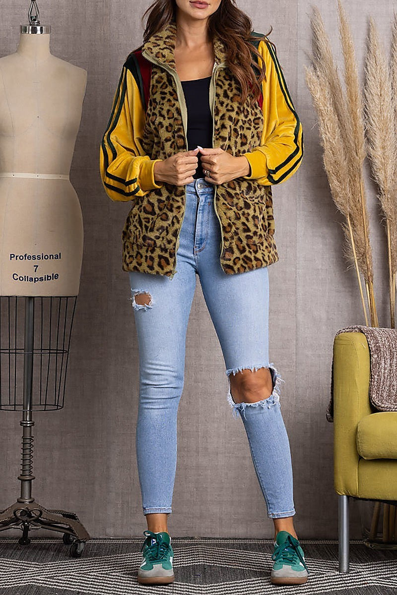 Leopard/mustard color block velour track jacket (EDSW3603)