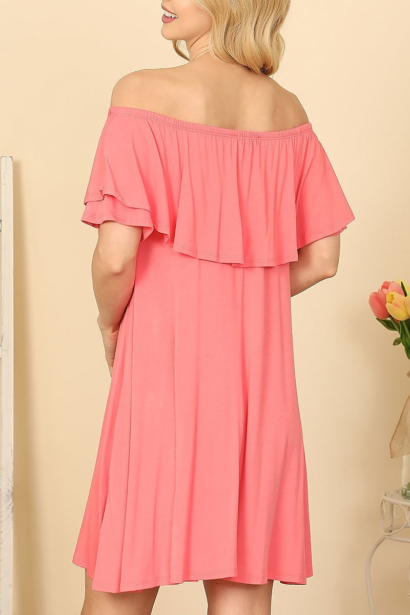 Ruffle off shoulder solid dress (DED9402)