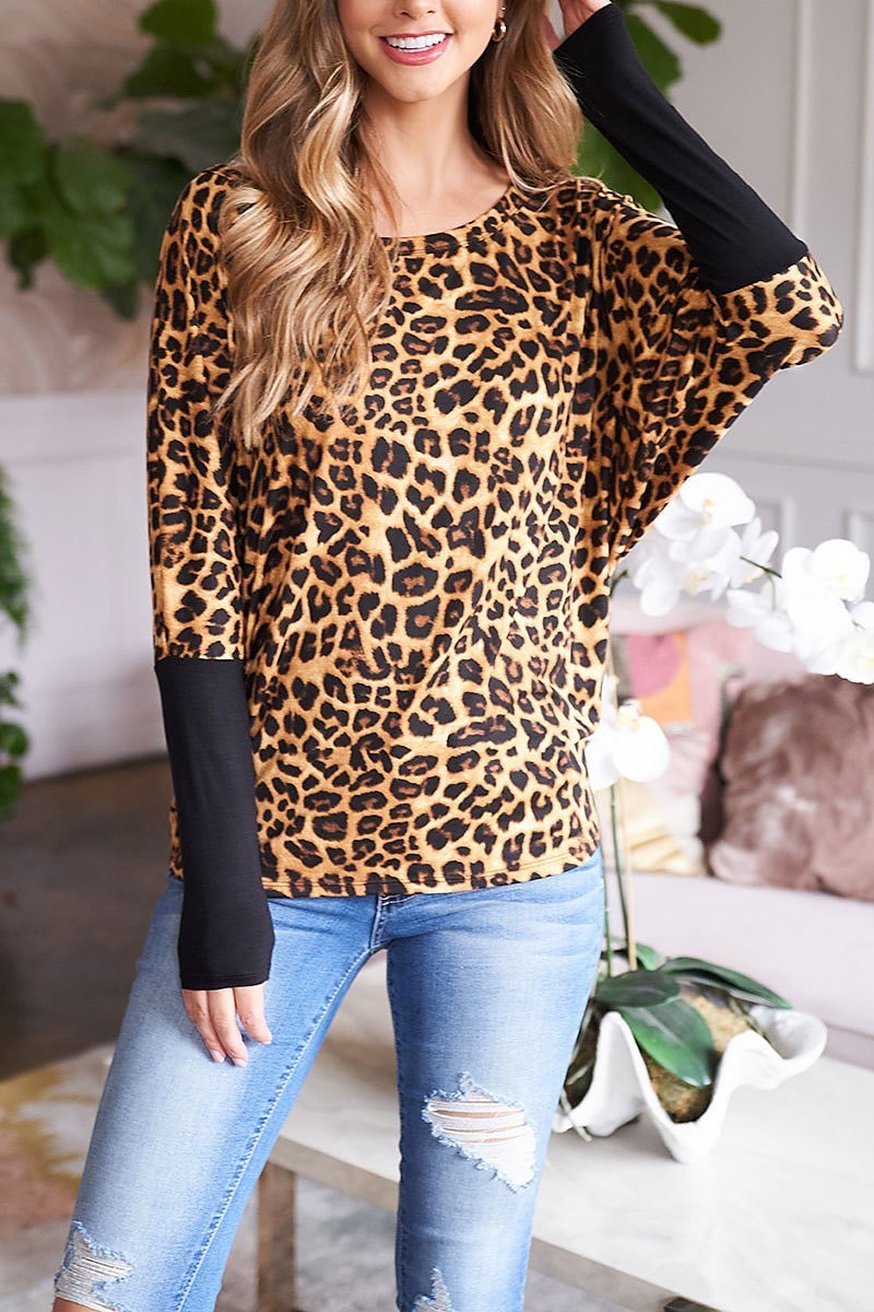 Leopard boat neck solid dolman sleeve top (EF2662)