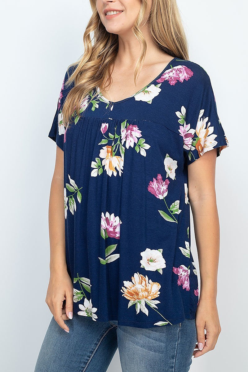 Short sleeve floral print pleated top (EF2162)