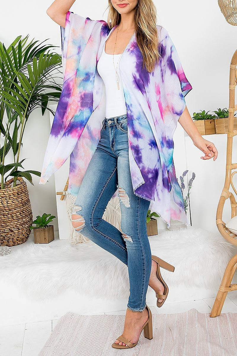 Tie dye pastel bohemiian open front kimono (EF3251)