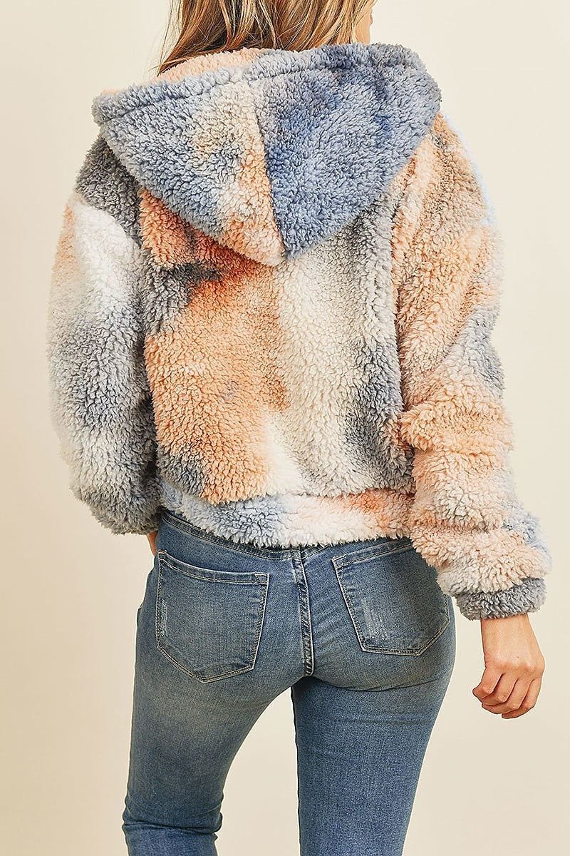 Tie dye sherpa zipper front hoodie sweater (DGS5089-1)