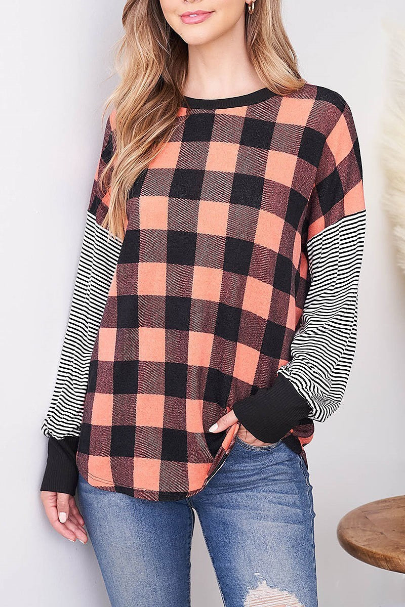 Stripe sleeve checker body color block top (EF2515)