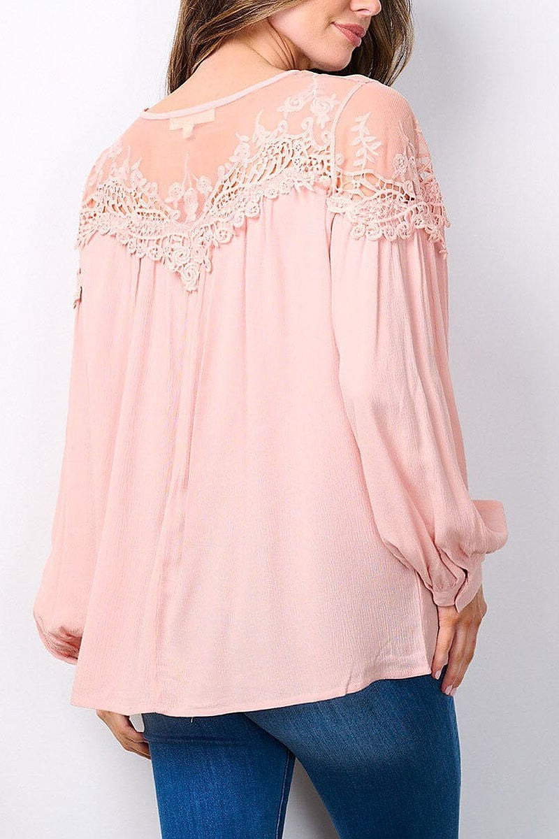 Long sleeve lace detailed tunic blouse top (EFWT7486)