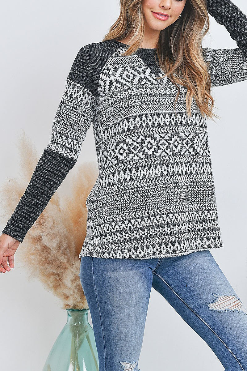 Aztec print long sleeve hacci brush top (EF2699)