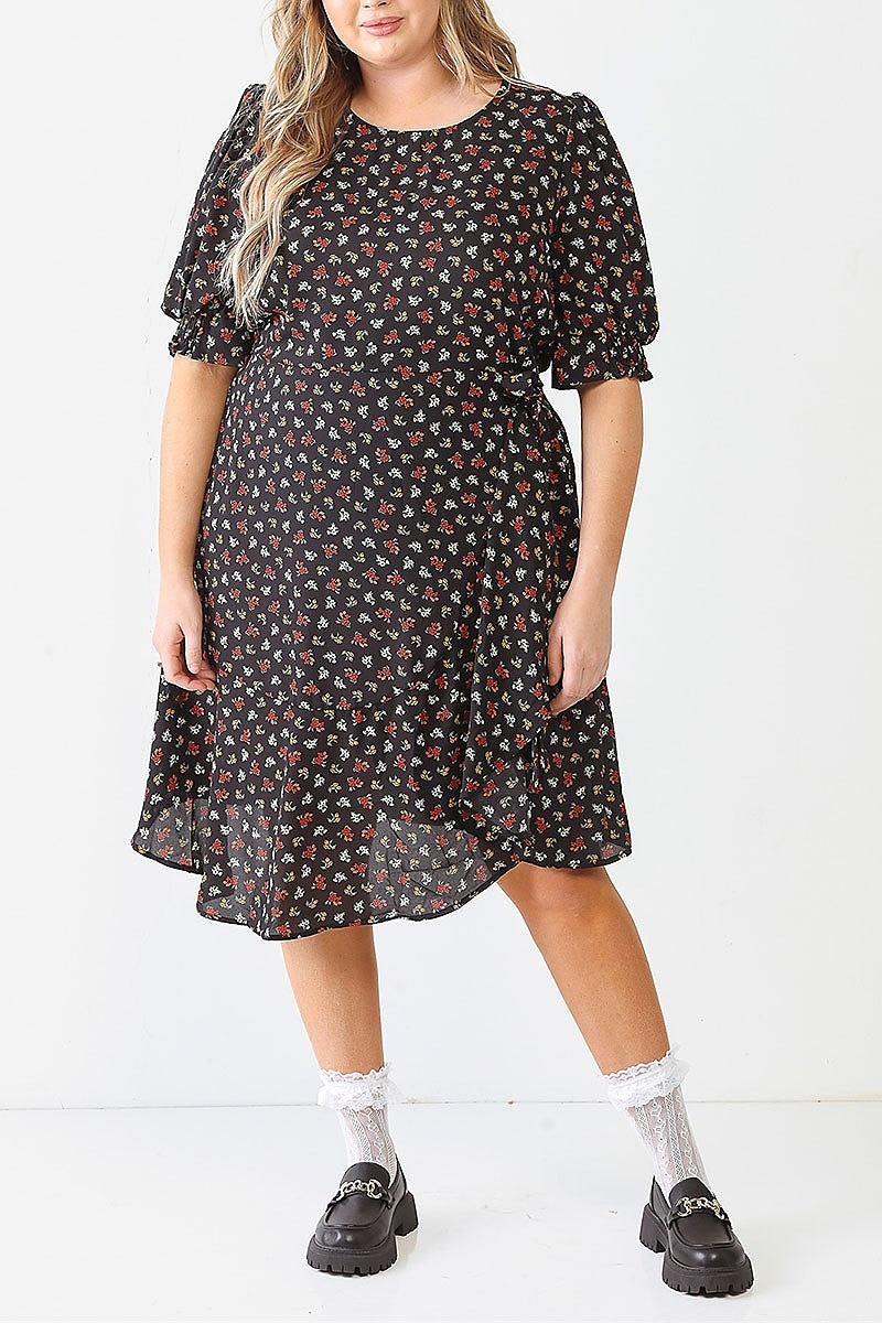 Floral print puff sleeve falre dress (TED1549)