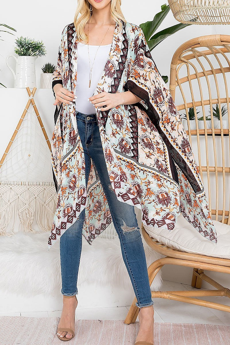 Floral print knee length boho kimono (EF3444)