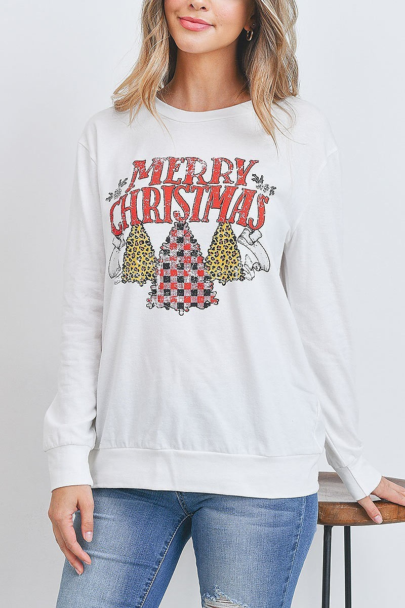 Merry christmas print long sleeve pullover top (EF2749)