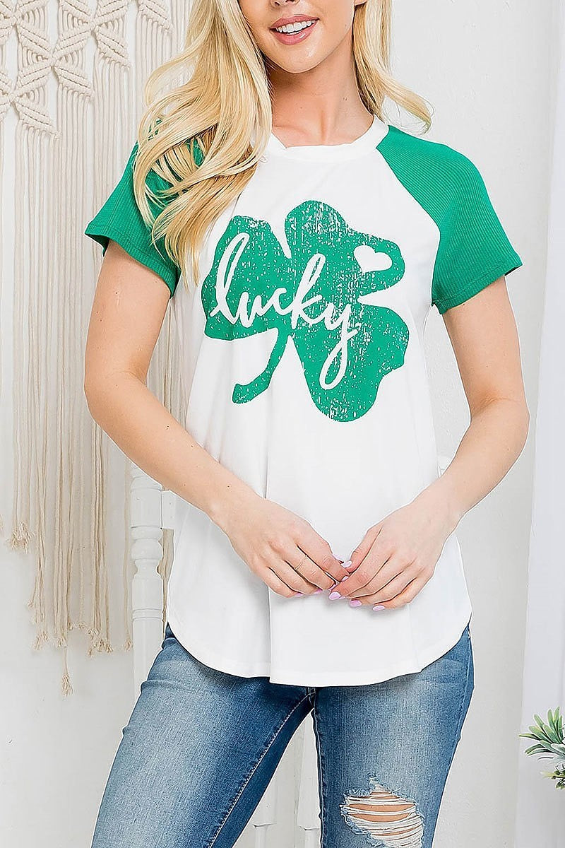 Rib sleeve clover leaf print raglan top (EF3544)