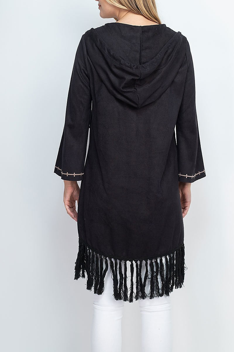 Embroidery and fringe detail suede hoodie top (EF1311)