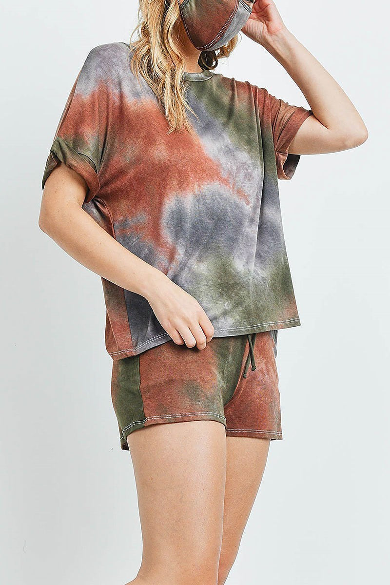 Tie dye roll up sleeve top and short set (ED9188-1)