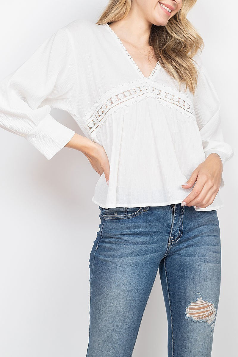 V neck lace trimmed bubble sleeve top (EF1800)