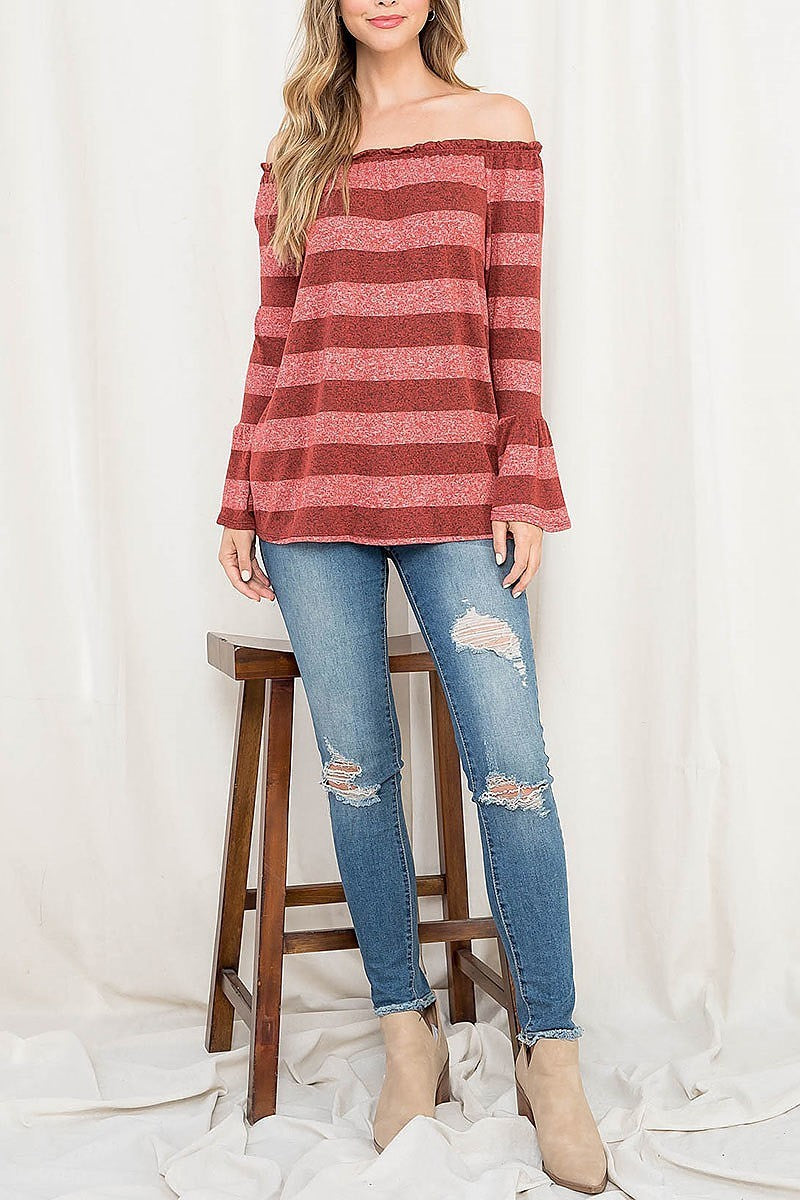 Off shoulder bell sleeve stripe top (EF2620)