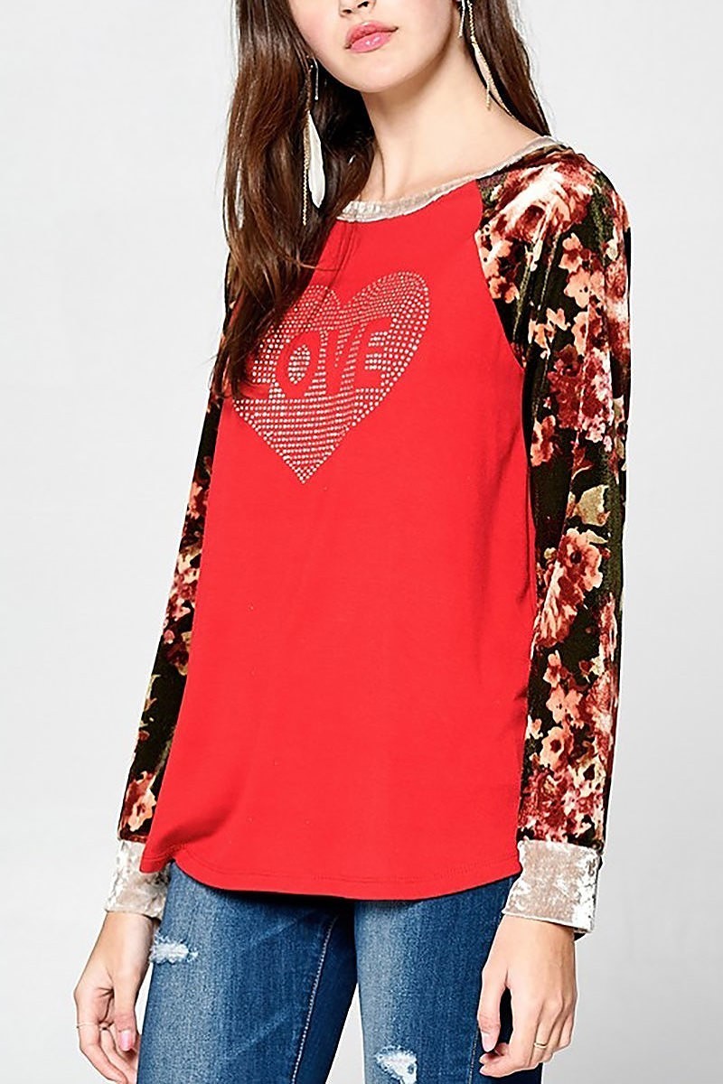 Love print floral sleeve top (EF5119)