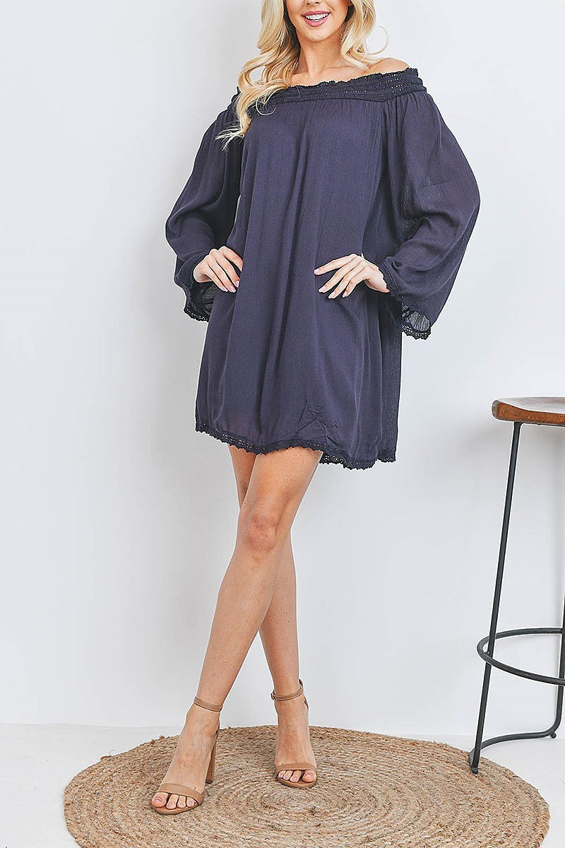 Off shoudler lace trimmed tunic dress (DED7058)