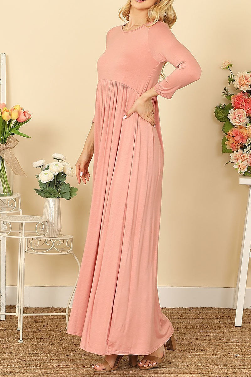 Quarter sleeve pleated waist solid maxi dress (DED9442)