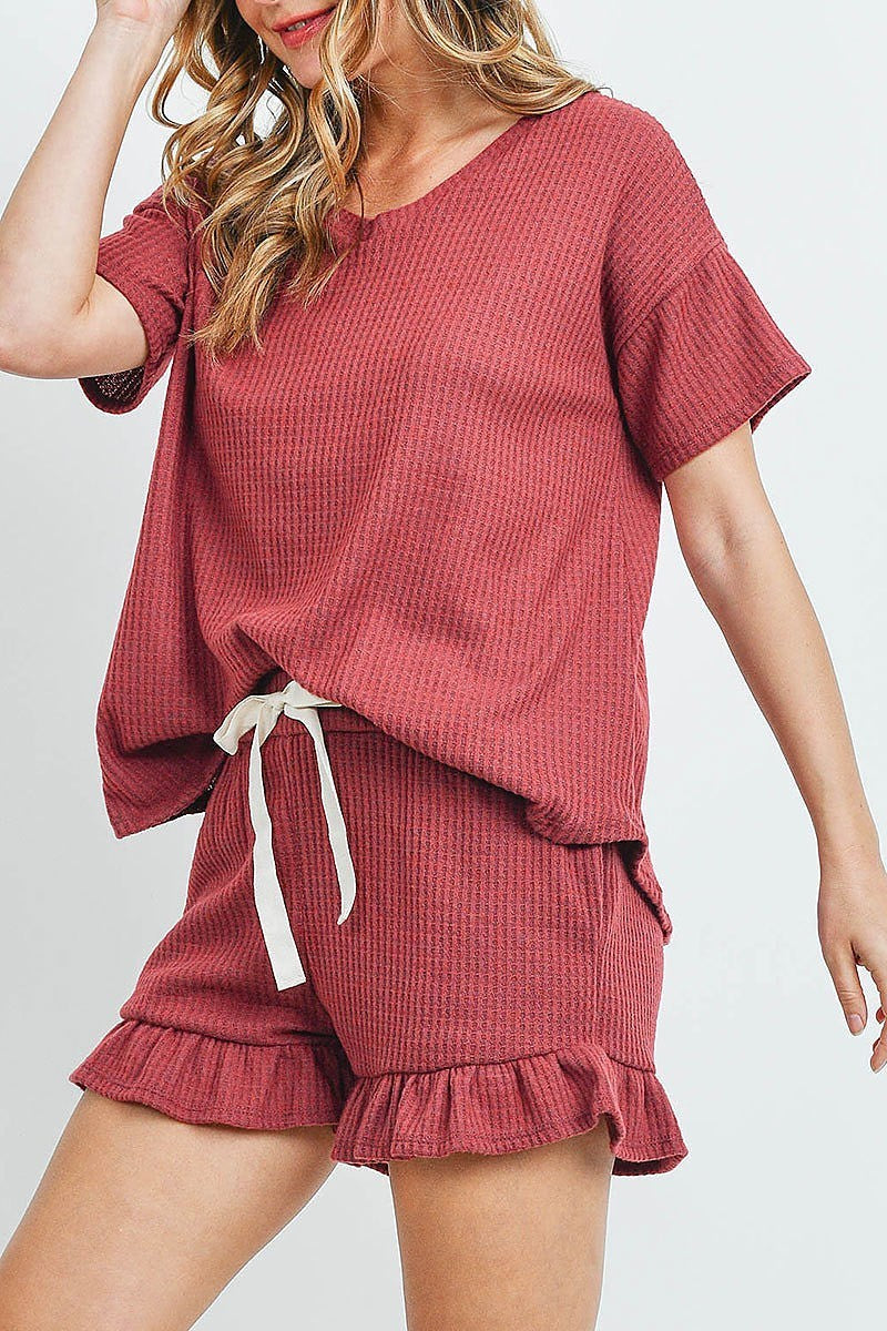 Waffle top and shorts set with self tie (ED9247)