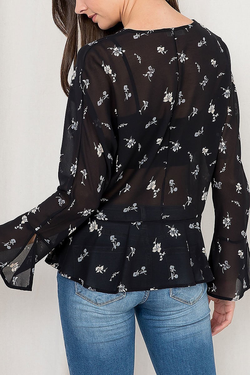 Bell sleeve floral print v neck sheer top (EF2671)