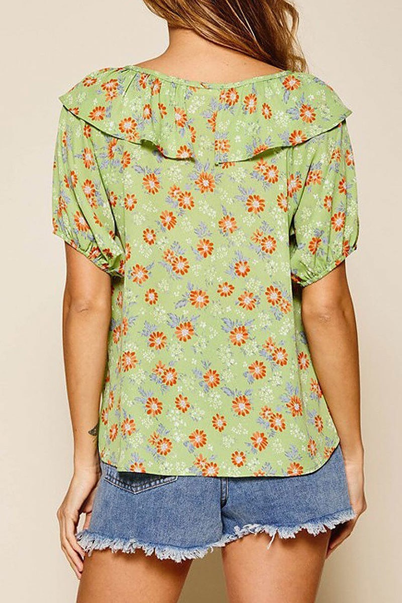 Short sleeve ruffle neck floral top (EDWT8490)