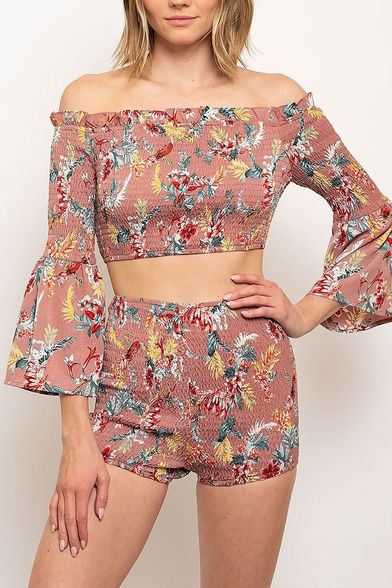 Smoked detail floral print top and shorts set (EDWT2374)