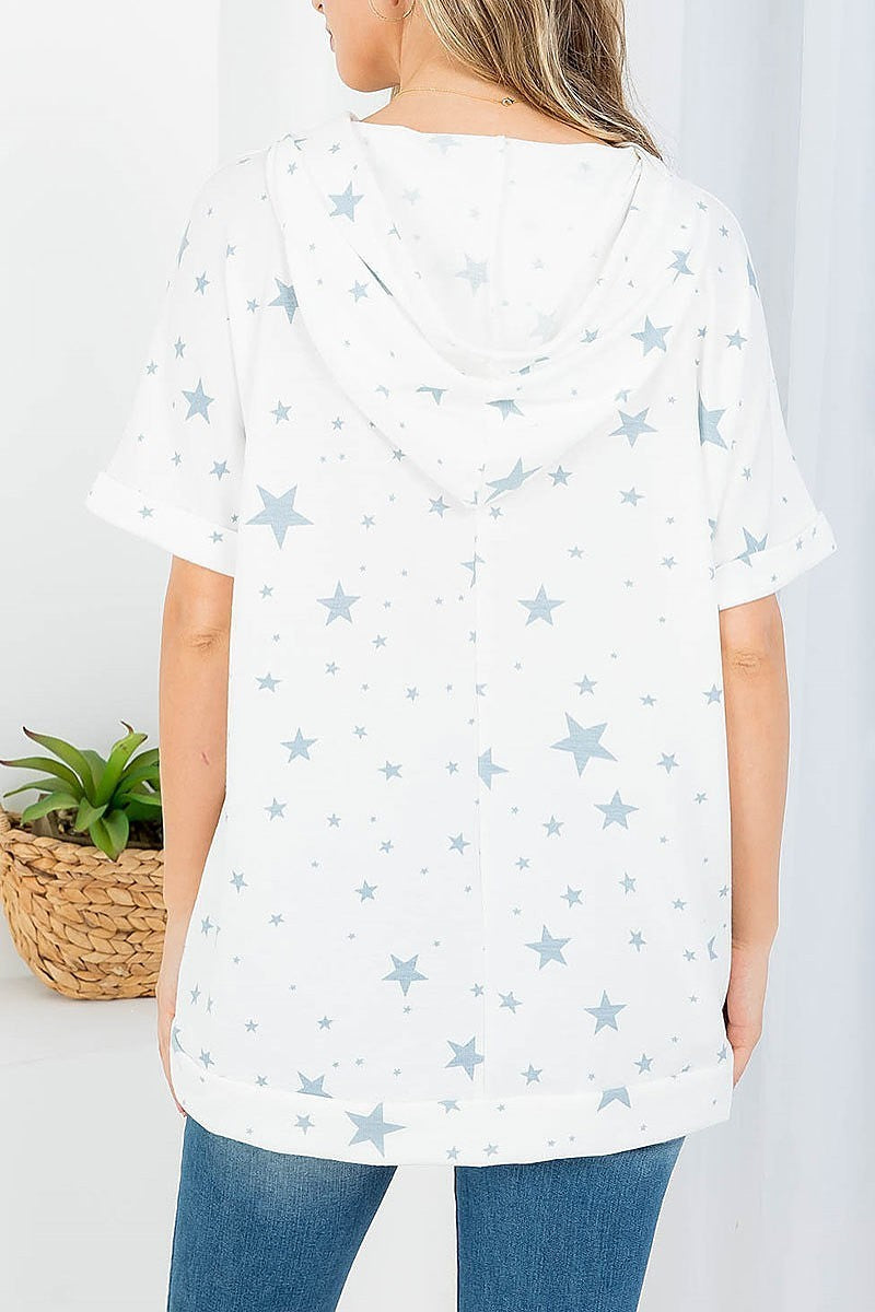 Star print with draw string hood top (EF3795-1)