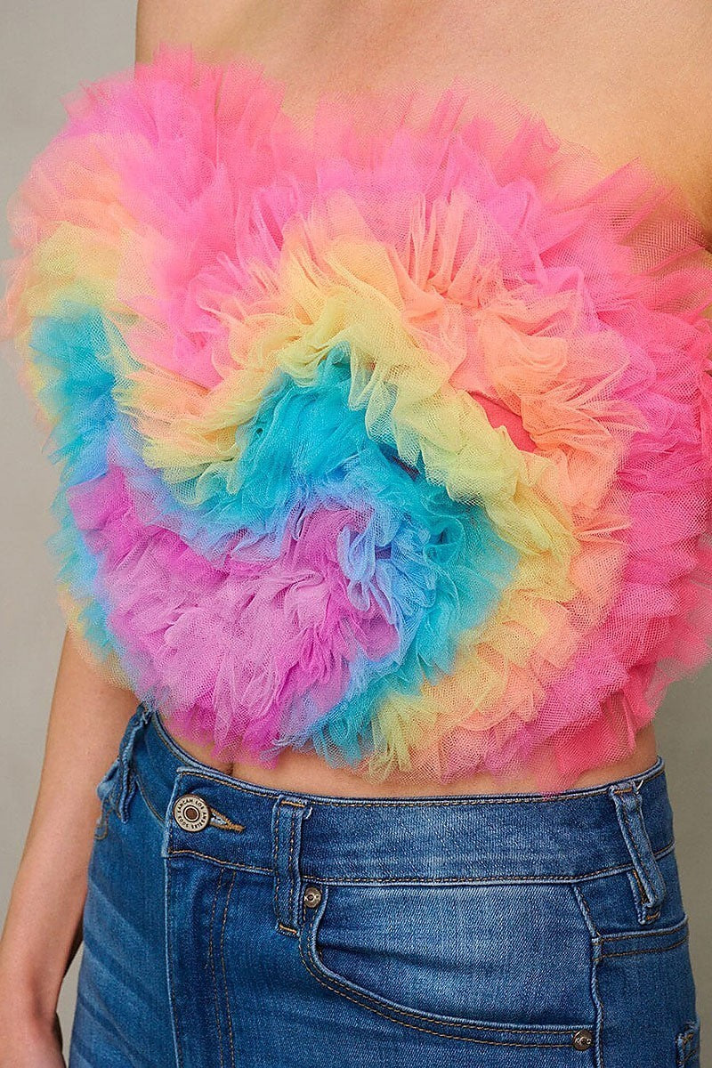 Sleeveless colorblock ruffle tube crop top (EGWT1880)