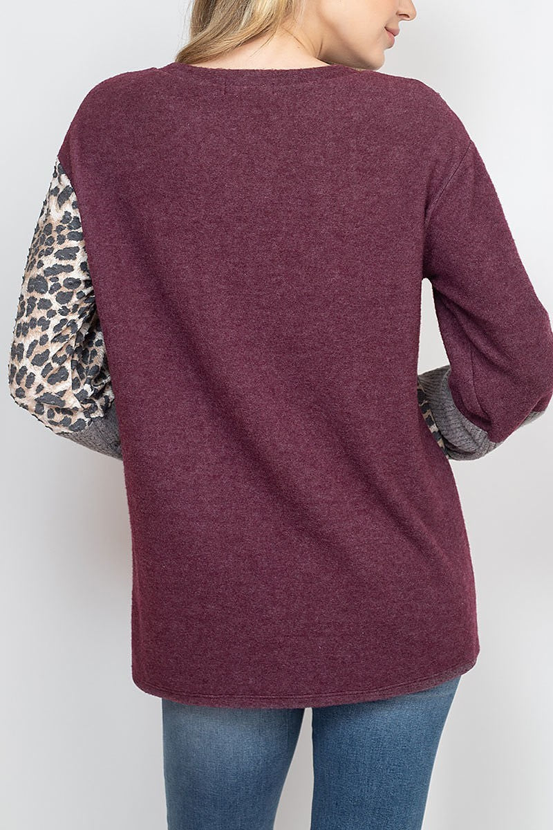 Long sleeve leopard contrast rib top (EF1967-1)