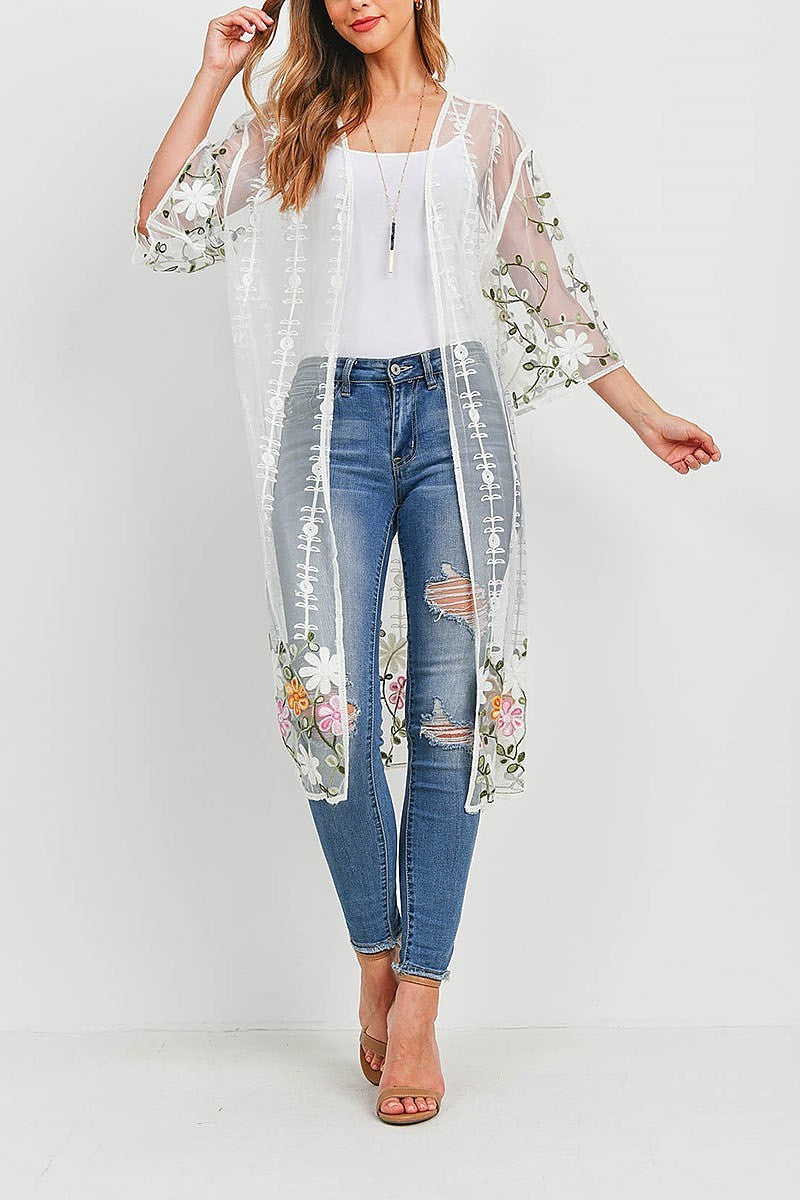 Multi floral embroidered sheer kimono top (EF1067)