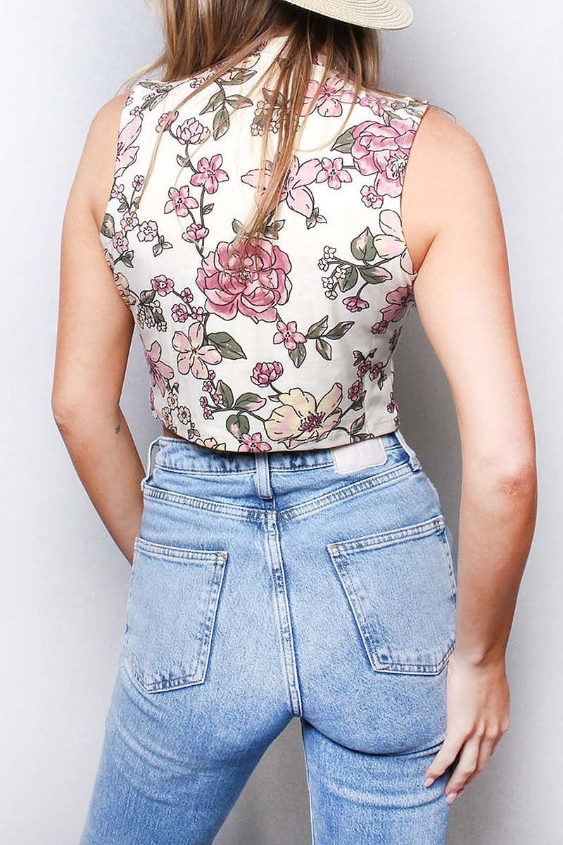 Lace up cutout detail floral print crop top (SDG3000)