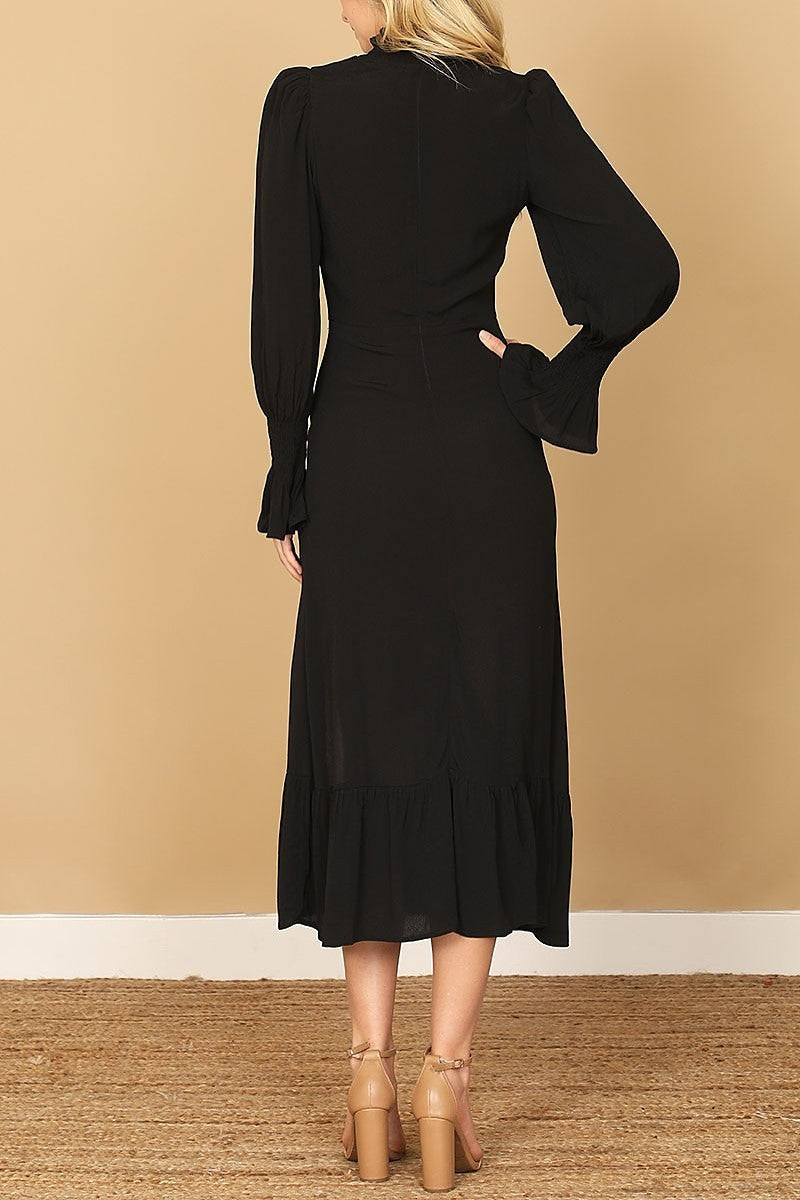 Smocked neck and long sleeve side slit solid dress (DED9785)