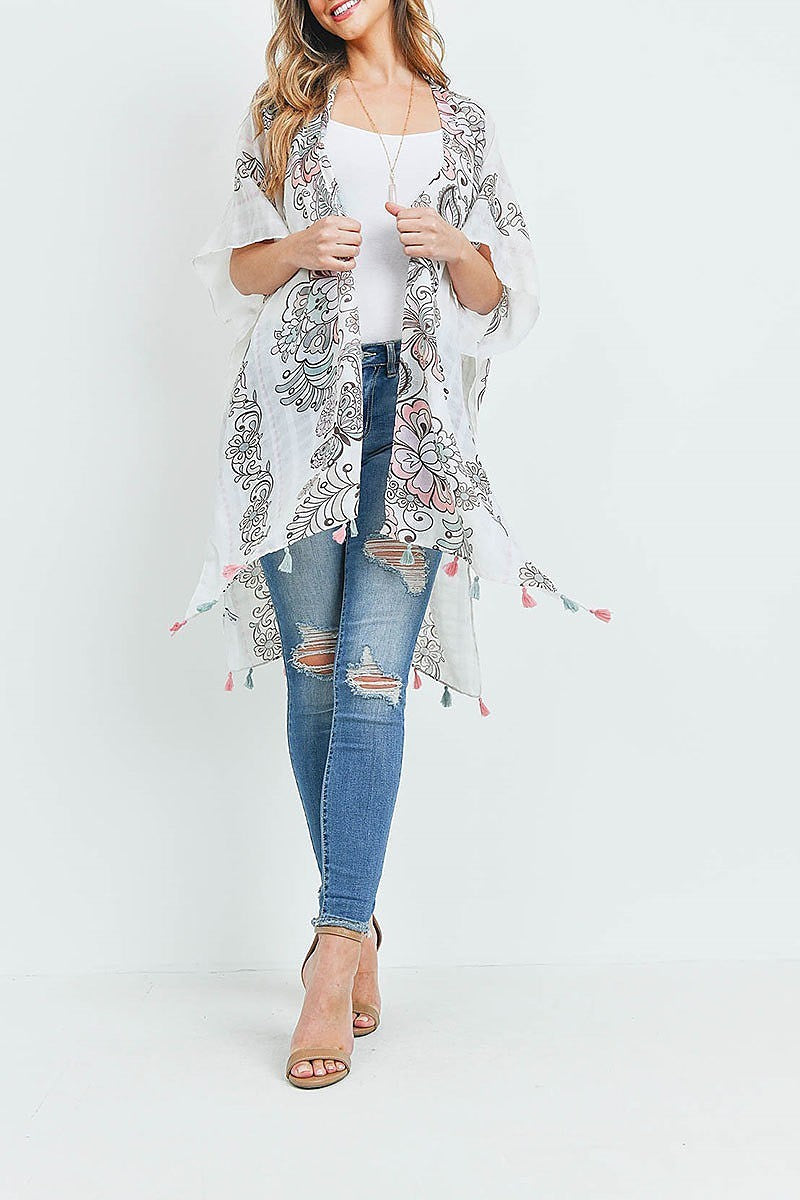 Floral print open front tassel kimono (EF1106)