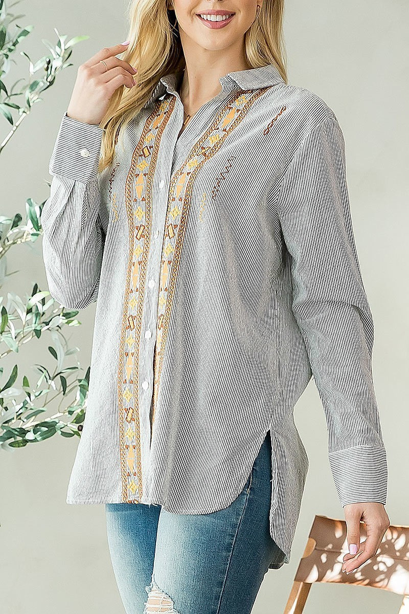 Collared embroidered button front top (EF3961)