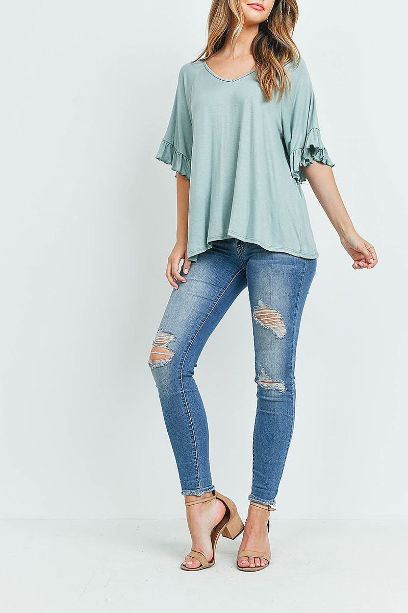 Ruffle detail bell sleeve v neck top (ED9619)